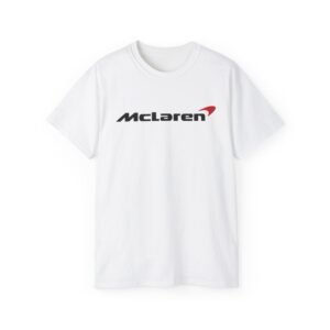 Display of a comfortable automotive apparel top featuring the distinctive McLaren logo on the front.