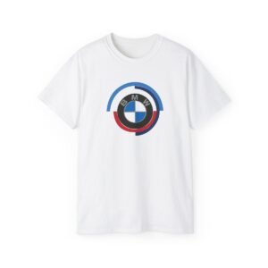 White t-shirt displaying the legendary BMW roundel emblem, dynamically framed by the iconic M performance livery accents.