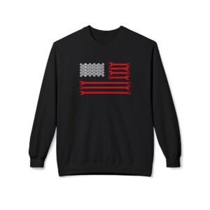 Black crewneck garment featuring a graphic of the American flag made from white nuts and bolts for the stars and red wrenches for the stripes, symbolizing automotive craftsmanship.