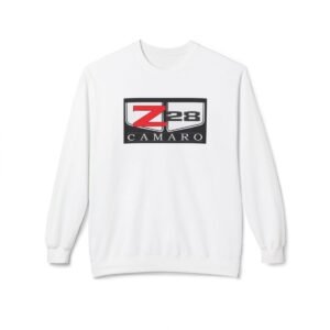 Front view of a comfortable crewneck sweatshirt displaying the iconic Z/28 Camaro performance emblem. Ideal automotive enthusiast apparel.