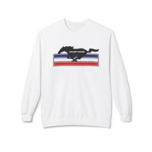 Front view of a crewneck sweatshirt featuring the Ford Mustang running horse logo with 'MUSTANG' text, displayed above a distinctive three-stripe pattern, showcasing iconic automotive style.